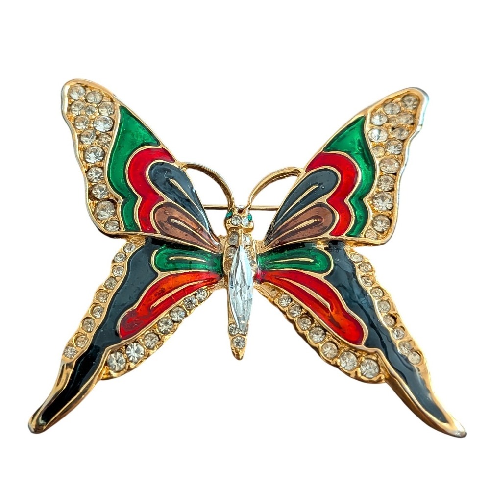 Gold Tone Enamel Butterfly Brooch Red Green Black Rhinestone Crystal Wing Pin